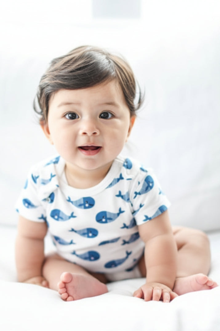Smart Short Sleeve Baby Bodysuit + Bib - Blue Whale